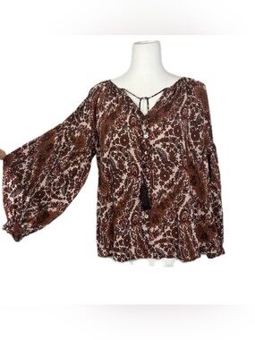 VICI Chocolate Browns Dark Floral Peasant Top Sz L Button Down Bishop Sleeve
